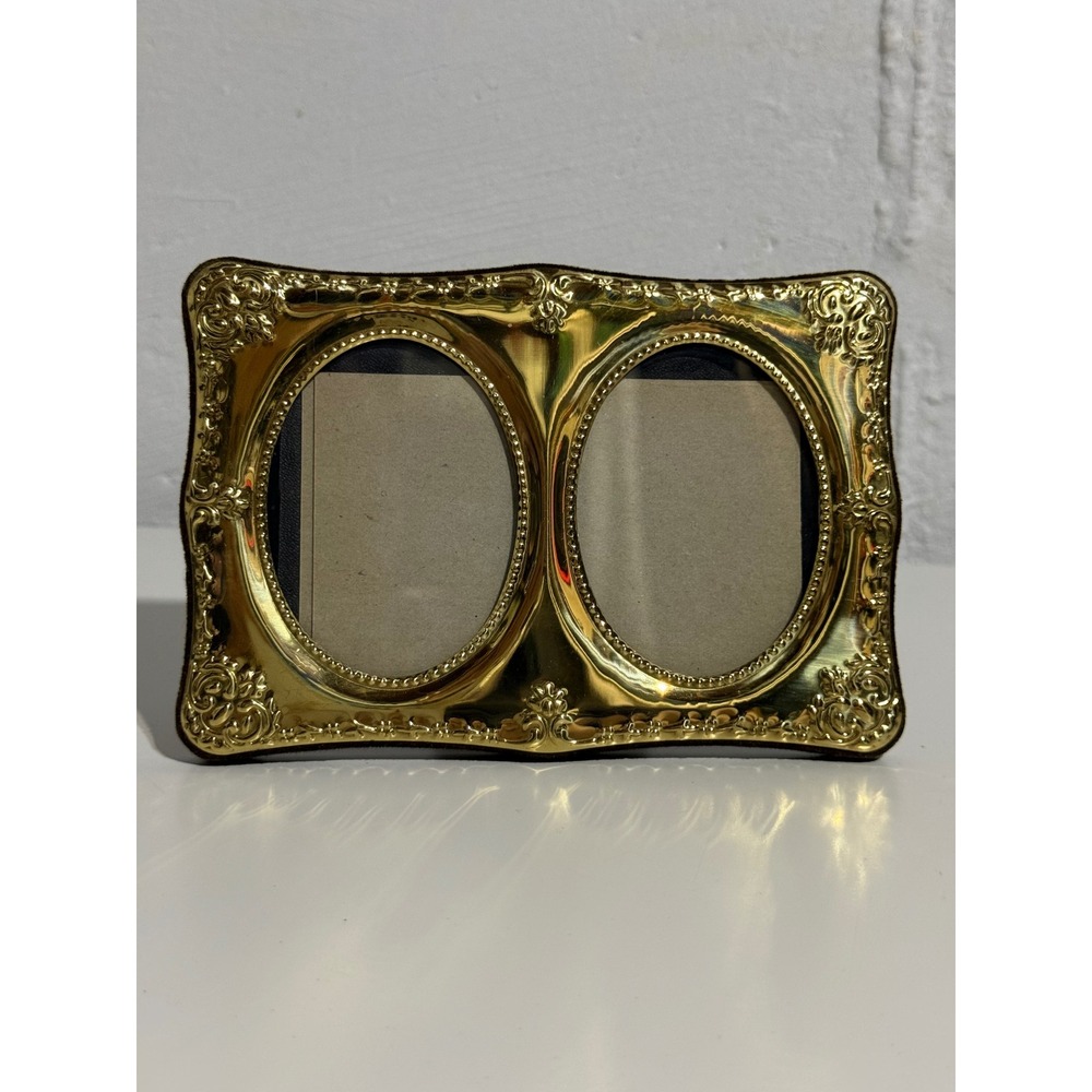 Vintage Ornate Gold Tone Double Oval Picture Frame Floral Scroll Velvet Back 2X3